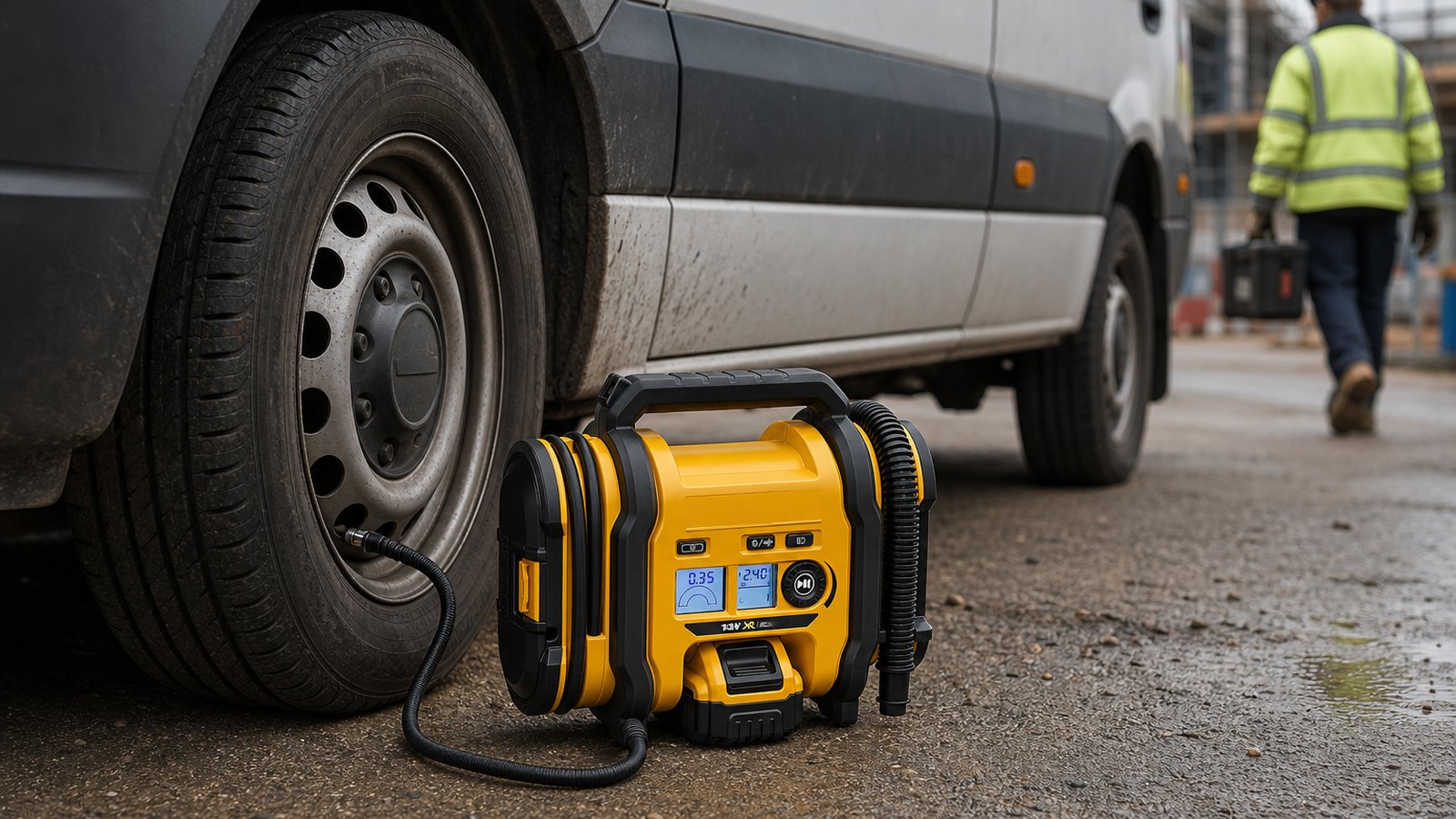 Yellow-black cordless digital tyre inflator beside a UK van wheel