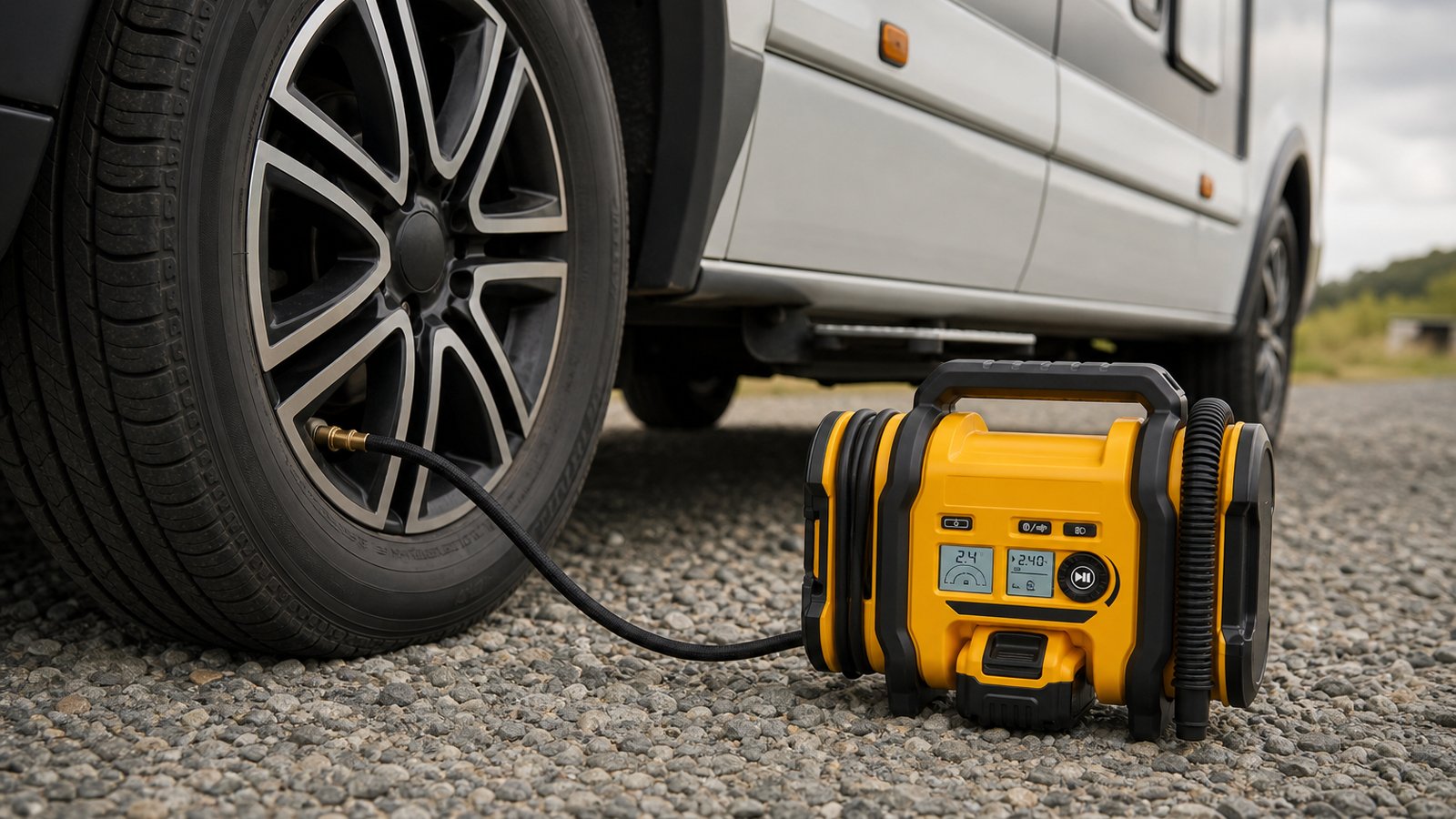Cordless digital tyre inflator beside a UK motorhome wheel